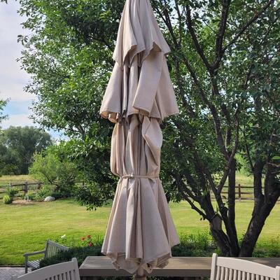 Lot 407: Outdoor Painted Wood Patio Table, 4 Chairs, Umbrella and Stand