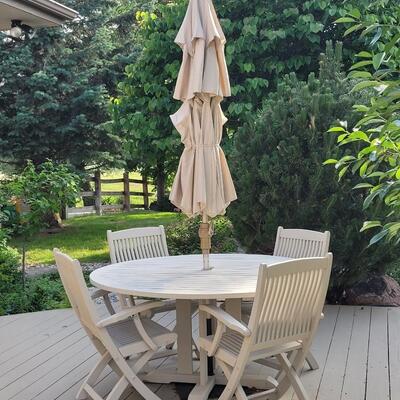 Lot 407: Outdoor Painted Wood Patio Table, 4 Chairs, Umbrella and Stand