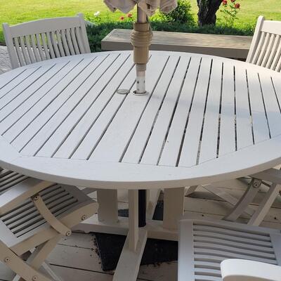 Lot 407: Outdoor Painted Wood Patio Table, 4 Chairs, Umbrella and Stand
