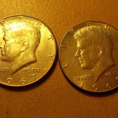 2- 1967 silver Kennedy half dollar.