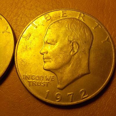 2- Eisenhower dollar coins, Bi-Centennial and 1972