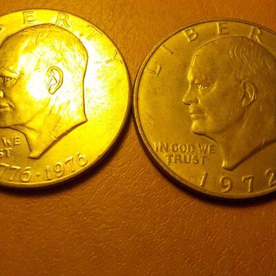 2- Eisenhower dollar coins, Bi-Centennial and 1972