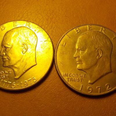 2- Eisenhower dollar coins, Bi-Centennial and 1972