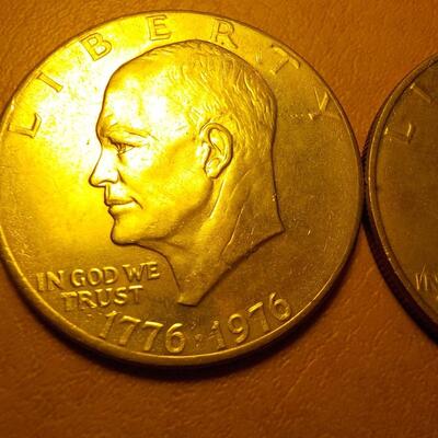 2- Eisenhower dollar coins, Bi-Centennial and 1972