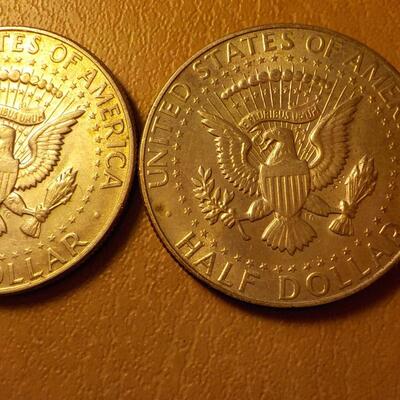 1968 and 1967 Kennedy silver half dollars.