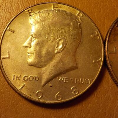 1968 and 1967 Kennedy silver half dollars.