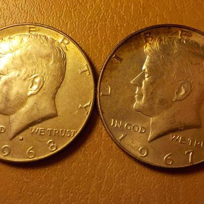 1968 and 1967 Kennedy silver half dollars.