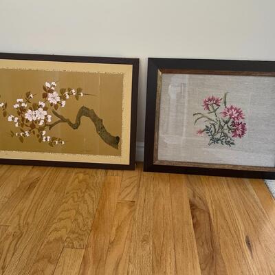 #166 Two Framed Floral Art Pieces Asian & Needlepoint 