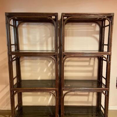 #196 Pair of Vintage Smoky Glass & Bamboo Cane Bookshelves