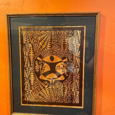#199 Framed Polynesian? Tribal Musical Barkcloth Print Signed