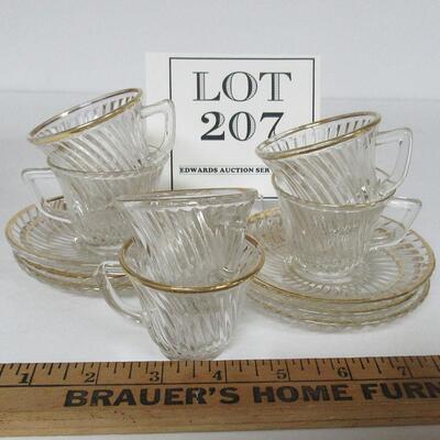 Depression Federal Glass Diana Childs 6 Cup and Saucer Sets With Gold Trim