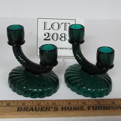 Dark Green Double Candle Holders, Imperial Glass Newbound Pattern