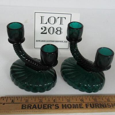 Dark Green Double Candle Holders, Imperial Glass Newbound Pattern