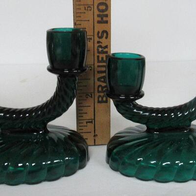 Dark Green Double Candle Holders, Imperial Glass Newbound Pattern