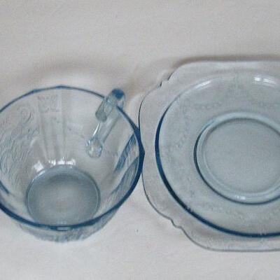 Depression Federal Glass Blue Madrid 2 Sherberts and Cup and Saucer, Original, Not Repro