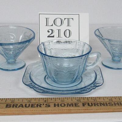 Depression Federal Glass Blue Madrid 2 Sherberts and Cup and Saucer, Original, Not Repro