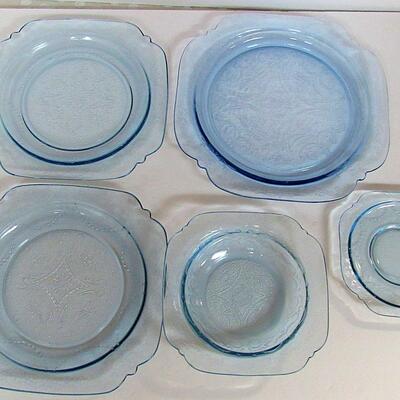 Depression Federal Glass Blue Madrid 2 Sherberts and Cup and Saucer, Original, Not Repro