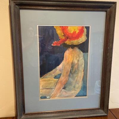 #204 Original Watercolor Nude w/Sunhat by Simonne Framed