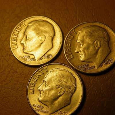 3- 1956,57,47 Silver Roosevelt dimes.