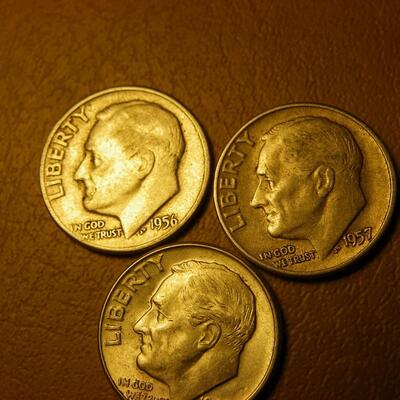 3- 1956,57,47 Silver Roosevelt dimes.