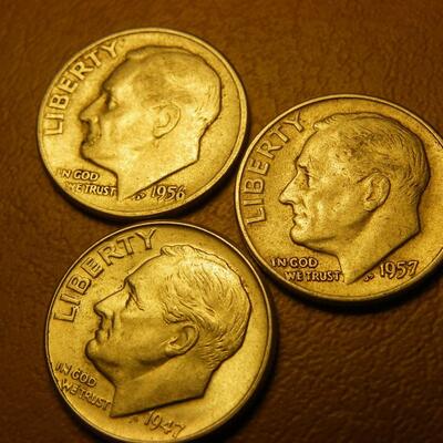 3- 1956,57,47 Silver Roosevelt dimes.