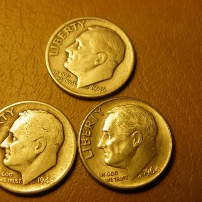 1946,48,64, Roosevelt silver dimes.