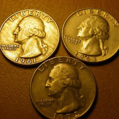 3- silver content Quarters 1961, 63, 72.