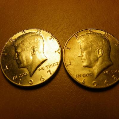 2- 1967 and 68, Kennedy half dollars.