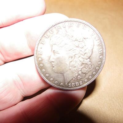 1882 Morgan silver dollar.