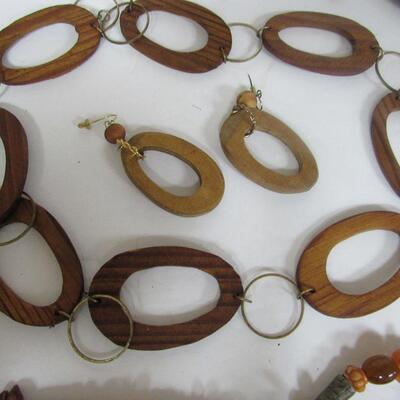 Metal and Beaded Belt, Brass, Plastic and Stone Beads, and Large Chunky Wood Necklace and Earrings
