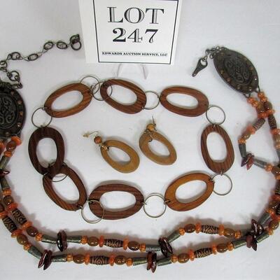 Metal and Beaded Belt, Brass, Plastic and Stone Beads, and Large Chunky Wood Necklace and Earrings