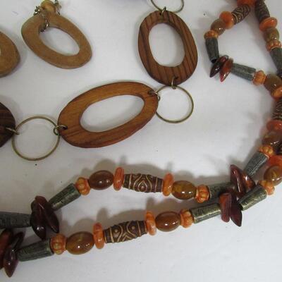Metal and Beaded Belt, Brass, Plastic and Stone Beads, and Large Chunky Wood Necklace and Earrings