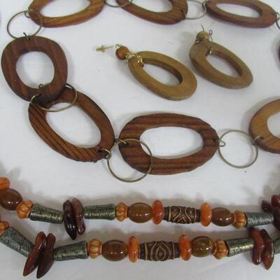 Metal and Beaded Belt, Brass, Plastic and Stone Beads, and Large Chunky Wood Necklace and Earrings