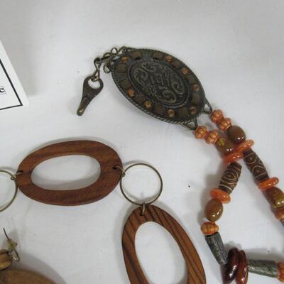 Metal and Beaded Belt, Brass, Plastic and Stone Beads, and Large Chunky Wood Necklace and Earrings