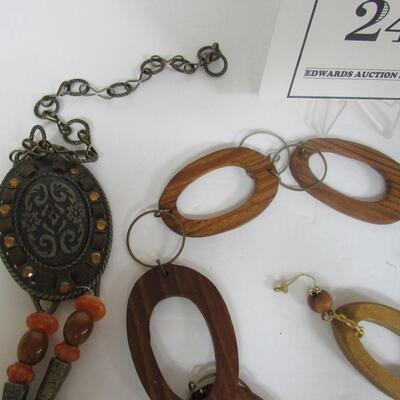 Metal and Beaded Belt, Brass, Plastic and Stone Beads, and Large Chunky Wood Necklace and Earrings