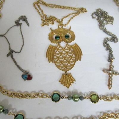 Vintage Costume Jewelry, Large Owl on Necklace, Coral and Turquoise Heart, Large Glass Beaded Necklace, Cross