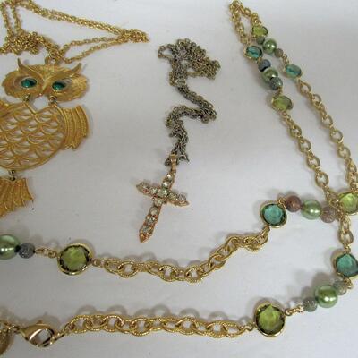 Vintage Costume Jewelry, Large Owl on Necklace, Coral and Turquoise Heart, Large Glass Beaded Necklace, Cross