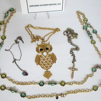 Vintage Costume Jewelry, Large Owl on Necklace, Coral and Turquoise Heart, Large Glass Beaded Necklace, Cross