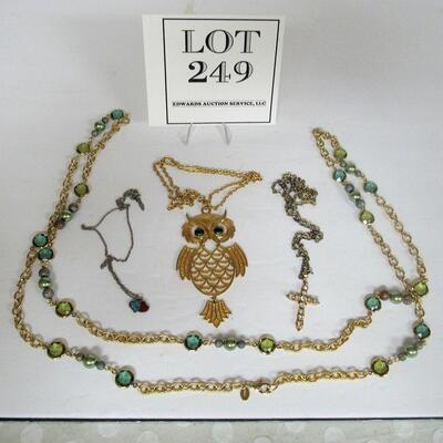 Vintage Costume Jewelry, Large Owl on Necklace, Coral and Turquoise Heart, Large Glass Beaded Necklace, Cross