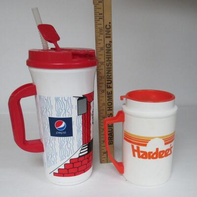 2 Plastic Drinking Containers With Covers, Hardees, Sturgeon Bay Cimena/Pepsi