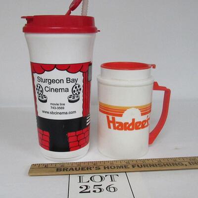 2 Plastic Drinking Containers With Covers, Hardees, Sturgeon Bay Cimena/Pepsi