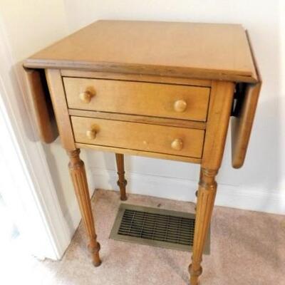 Vintage Solid Wood Maple Double Drawer Drop Leaf Table with Fluted Legs 