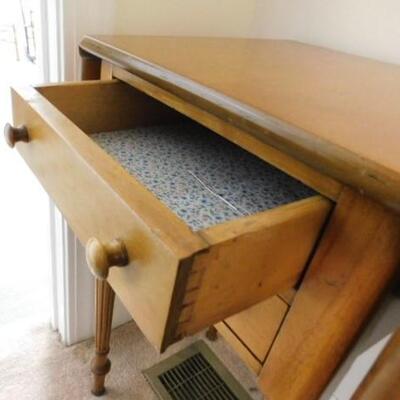 Vintage Solid Wood Maple Double Drawer Drop Leaf Table with Fluted Legs 