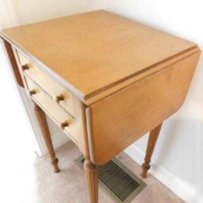 Vintage Solid Wood Maple Double Drawer Drop Leaf Table with Fluted Legs 