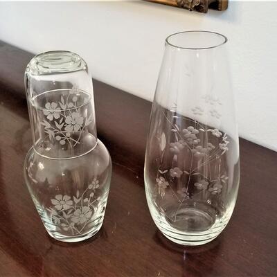 Lot #100  Acid Etched Bedside Carafe and Vase