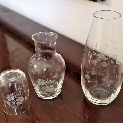 Lot #100  Acid Etched Bedside Carafe and Vase