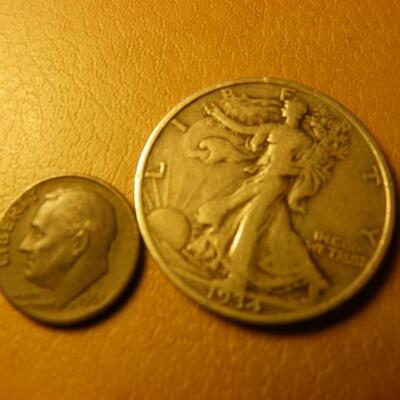 1934 Standing Liberty half and 1967 Roosevelt dime.