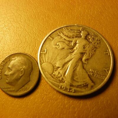 1934 Standing Liberty half and 1967 Roosevelt dime.