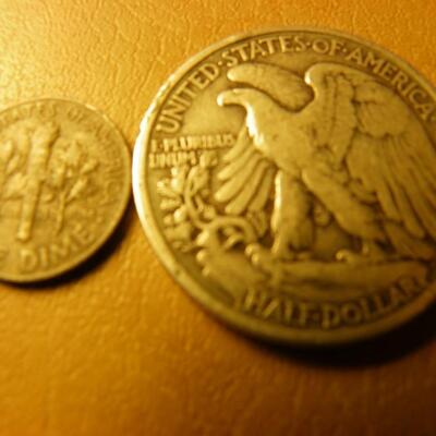 1934 Standing Liberty half and 1967 Roosevelt dime.