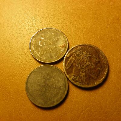 2- 1943 zinc pennies and war time nickel.